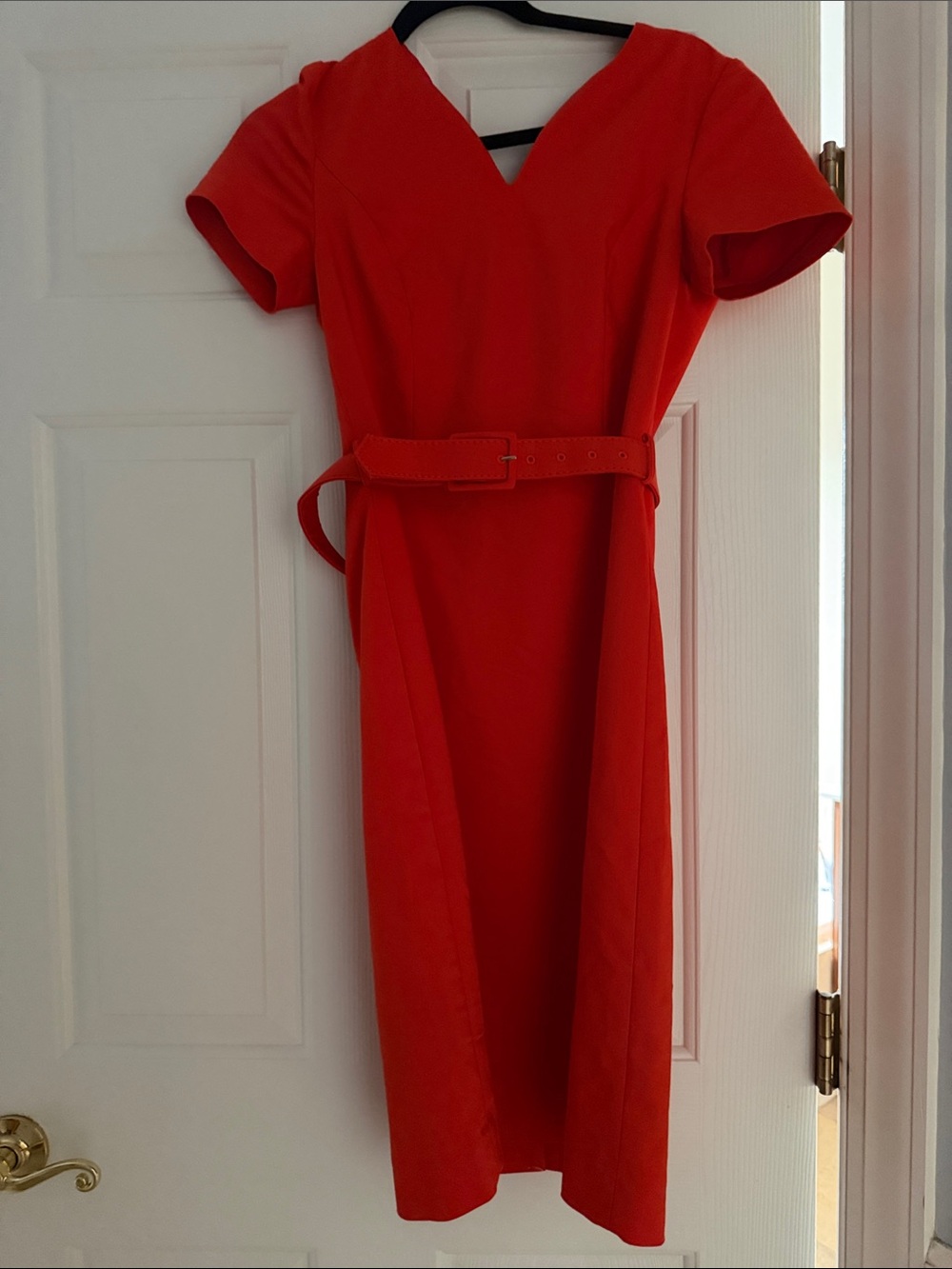 J. Crew Red V-Neck Belted Midi Dress